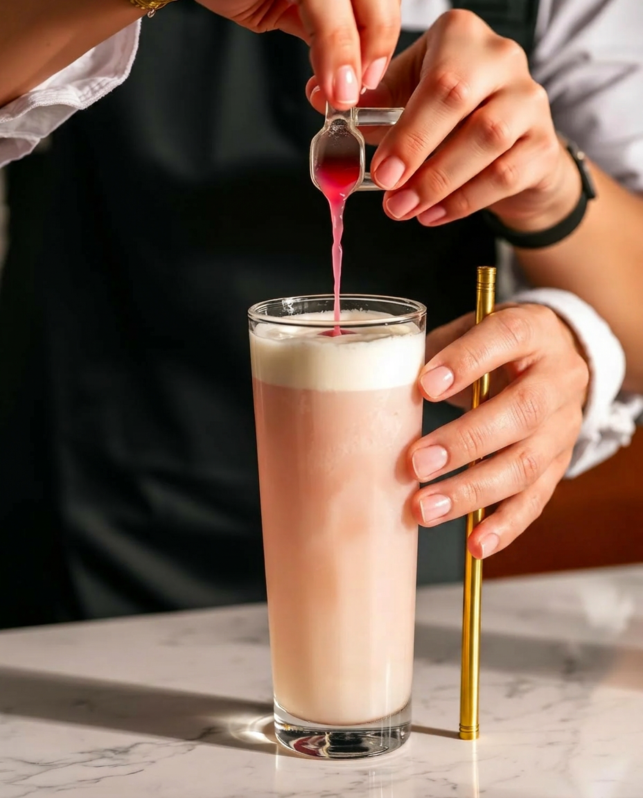 Barista pouring pink syrup