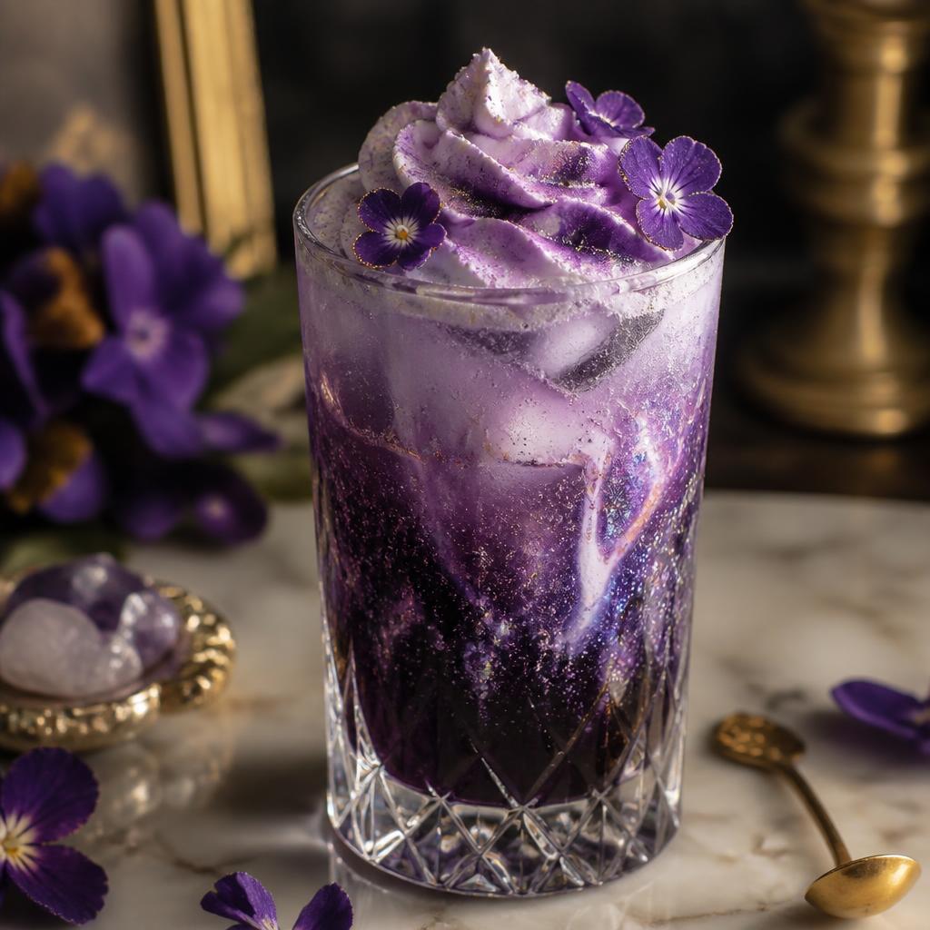 Violet cream dirty soda with edible flowers